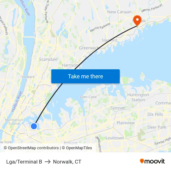 Lga/Terminal B to Norwalk, CT map