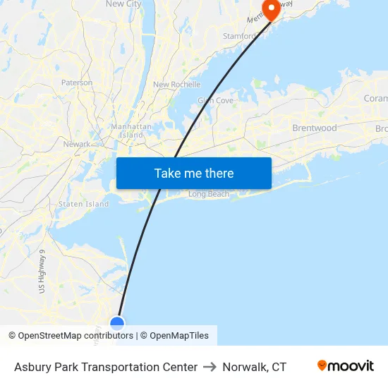 Asbury Park Transportation Center to Norwalk, CT map
