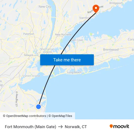 Fort Monmouth (Main Gate) to Norwalk, CT map