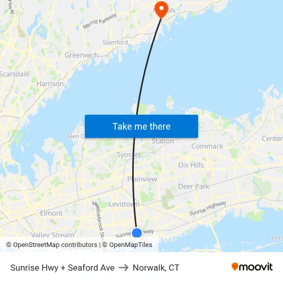 Sunrise Hwy + Seaford Ave to Norwalk, CT map