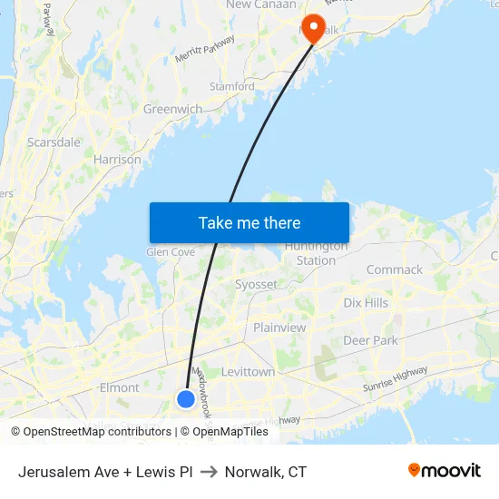 Jerusalem Ave + Lewis Pl to Norwalk, CT map