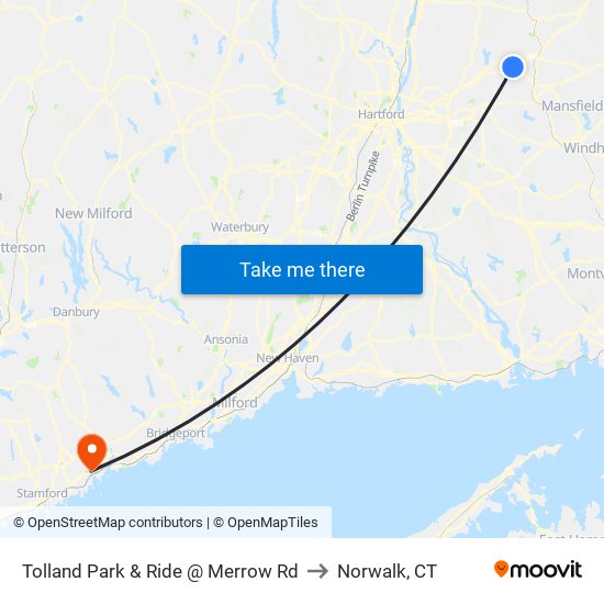 Tolland Park & Ride @ Merrow Rd to Norwalk, CT map