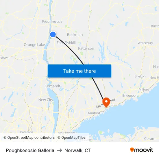 Poughkeepsie Galleria to Norwalk, CT map