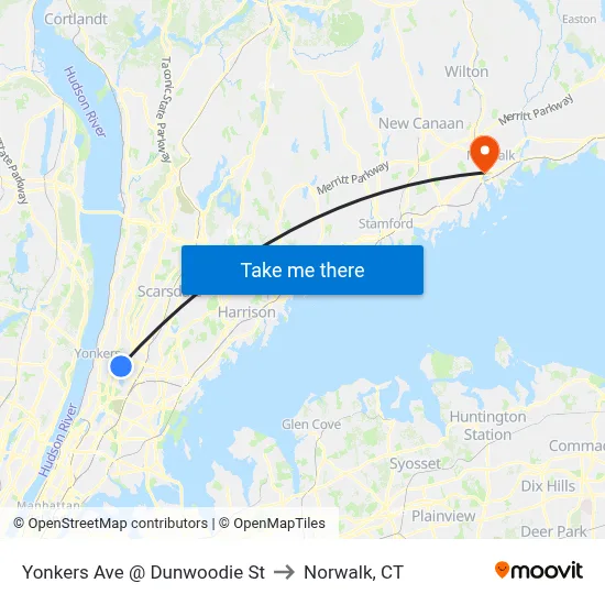 Yonkers Ave @ Dunwoodie St to Norwalk, CT map