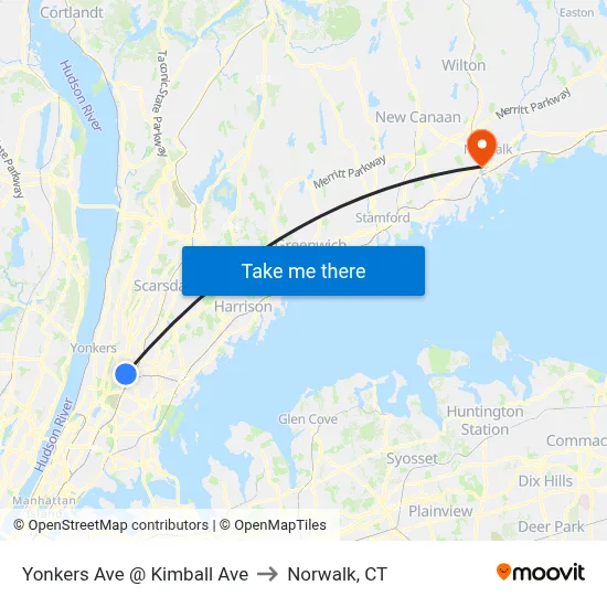 Yonkers Ave @ Kimball Ave to Norwalk, CT map