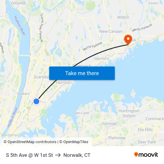 S 5th Ave @ W 1st St to Norwalk, CT map