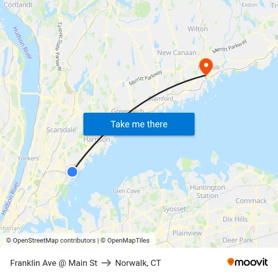 Franklin Ave @ Main St to Norwalk, CT map