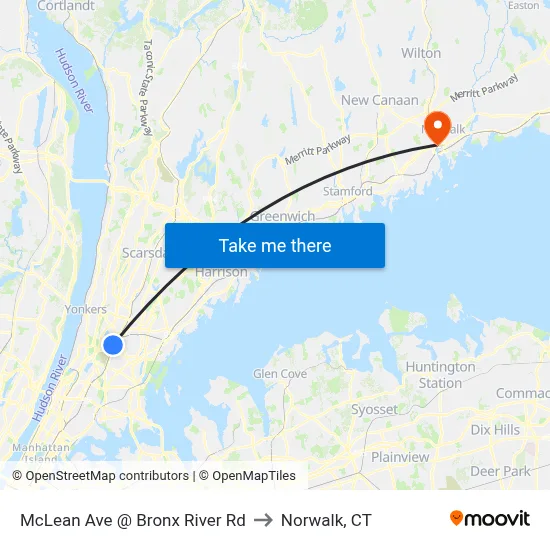 McLean Ave @ Bronx River Rd to Norwalk, CT map