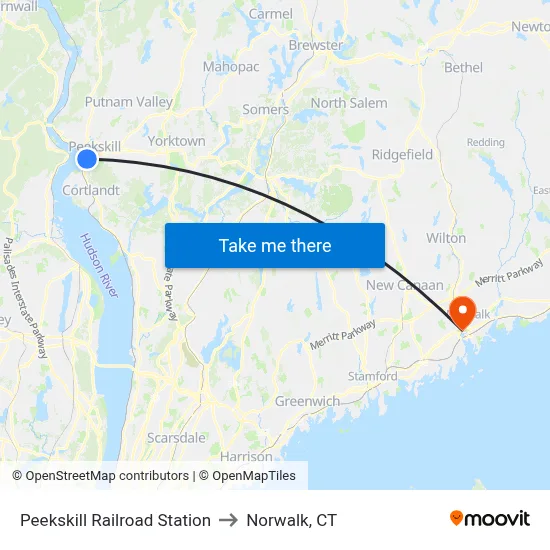 Peekskill Railroad Station to Norwalk, CT map