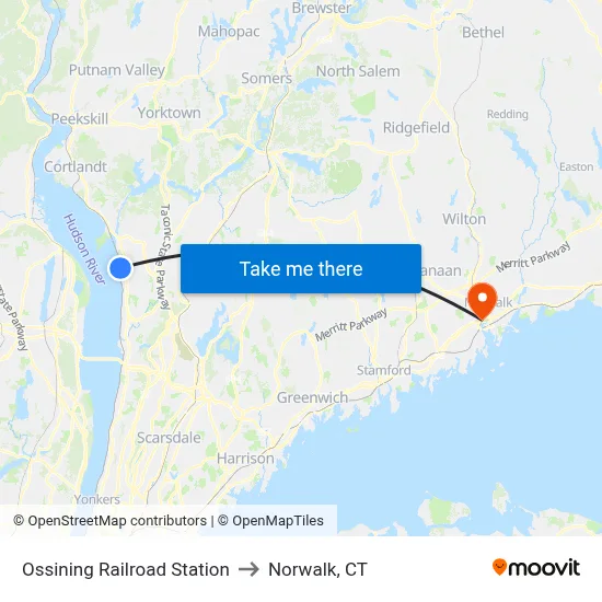 Ossining Railroad Station to Norwalk, CT map