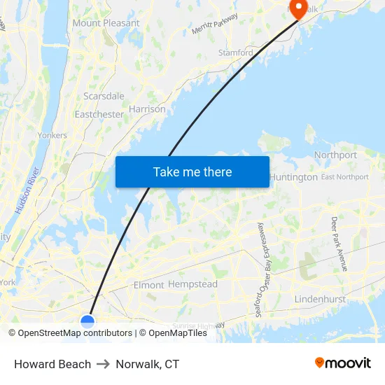 Howard Beach to Norwalk, CT map