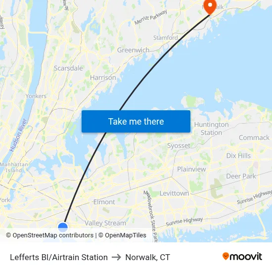 Lefferts Bl/Airtrain Station to Norwalk, CT map