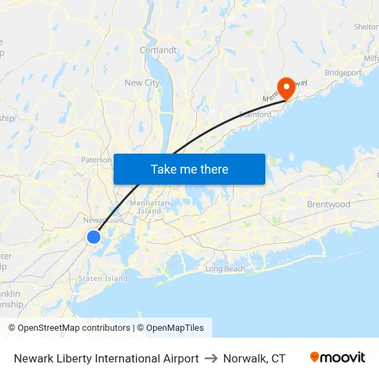 Newark Liberty International Airport to Norwalk, CT map