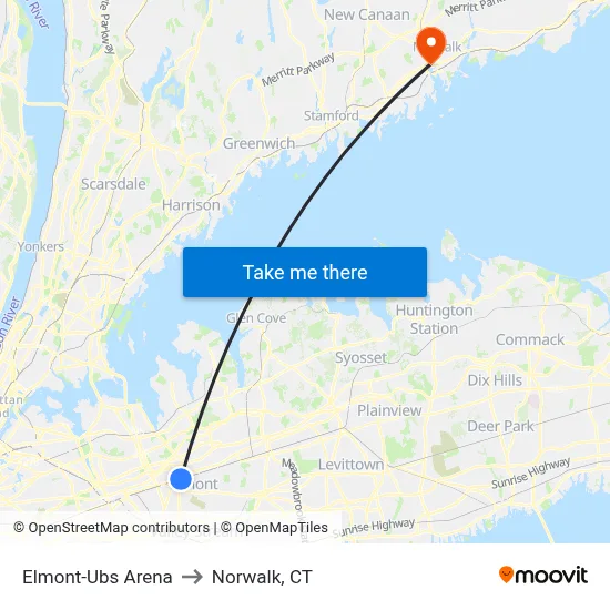 Elmont-Ubs Arena to Norwalk, CT map