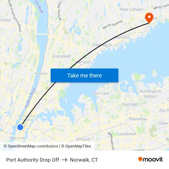 Port Authority Drop Off to Norwalk, CT map