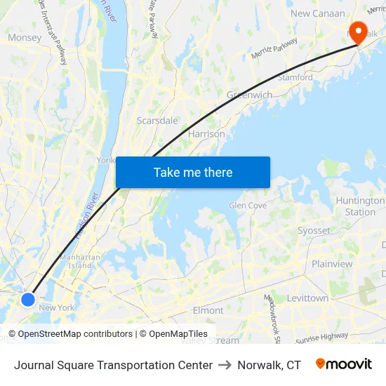 Journal Square Transportation Center to Norwalk, CT map