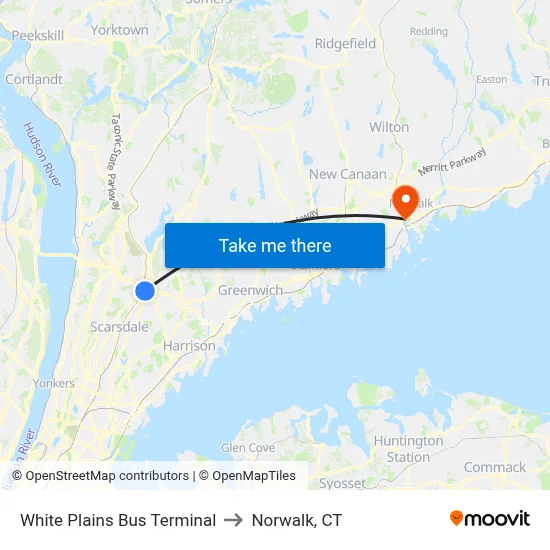 White Plains Bus Terminal to Norwalk, CT map