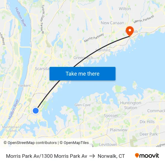 Morris Park Av/1300 Morris Park Av to Norwalk, CT map