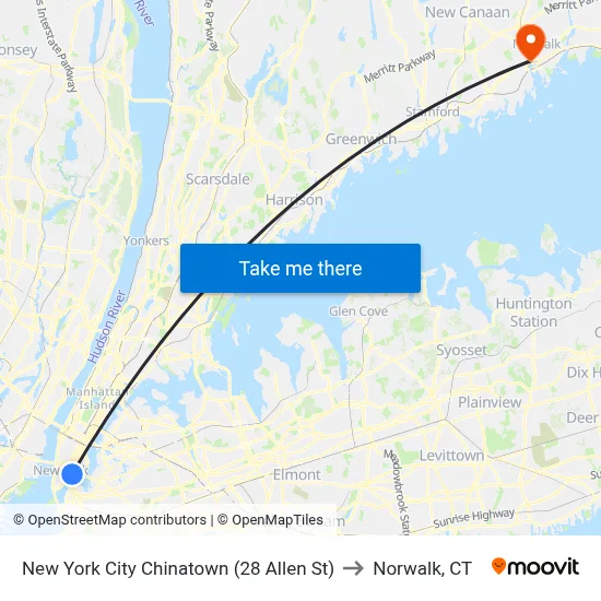 New York City Chinatown (28 Allen St) to Norwalk, CT map