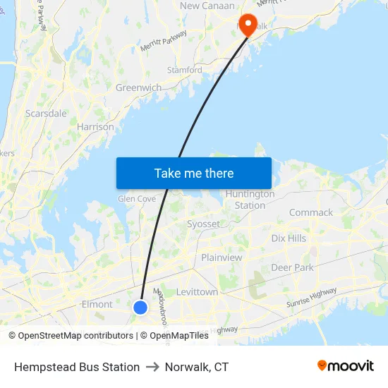 Hempstead Bus Station to Norwalk, CT map