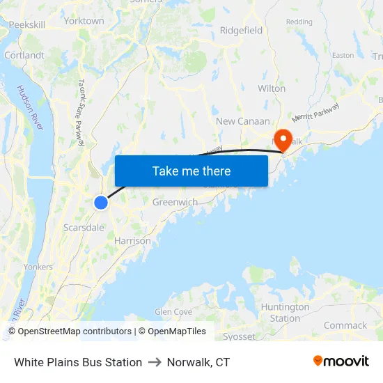 White Plains Bus Station to Norwalk, CT map