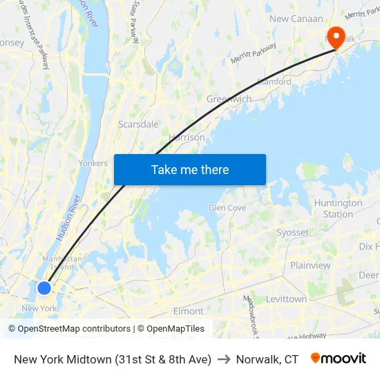New York Midtown (31st St & 8th Ave) to Norwalk, CT map