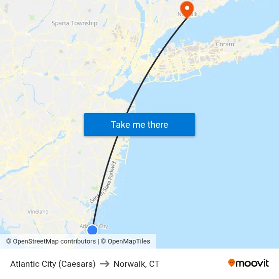 Atlantic City (Caesars) to Norwalk, CT map