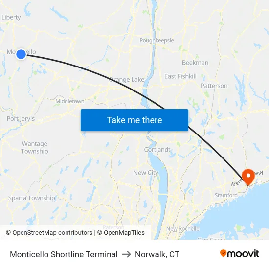 Monticello Shortline Terminal to Norwalk, CT map