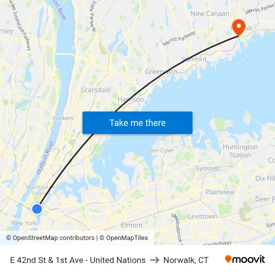 E 42nd St & 1st Ave - United Nations to Norwalk, CT map