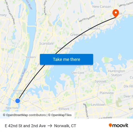 E 42nd St and 2nd Ave to Norwalk, CT map