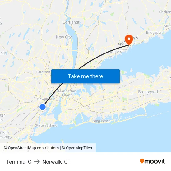 Terminal C to Norwalk, CT map