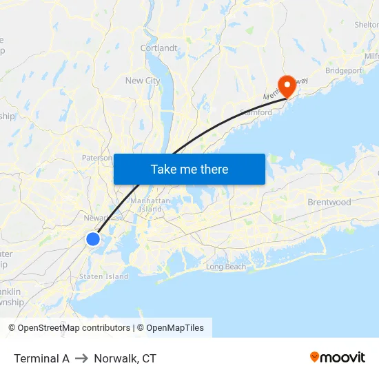 Terminal A to Norwalk, CT map