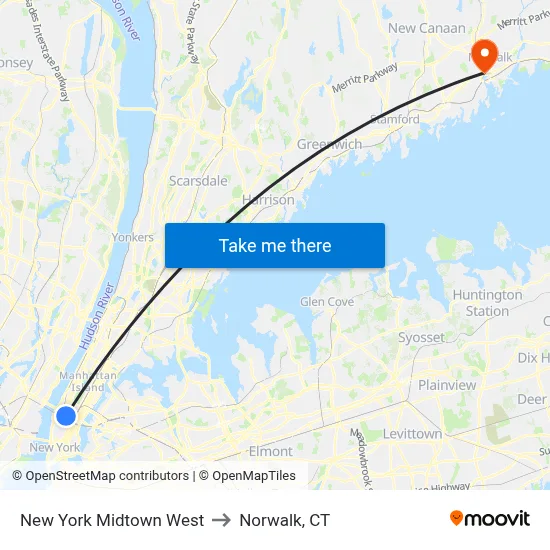 New York Midtown West to Norwalk, CT map