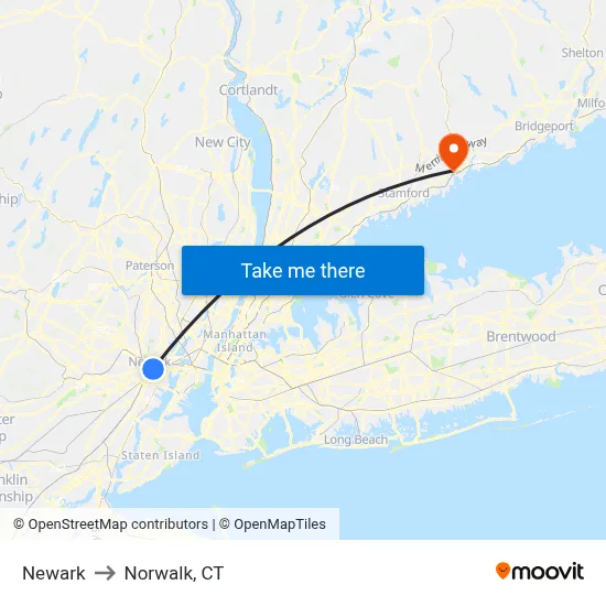 Newark to Norwalk, CT map