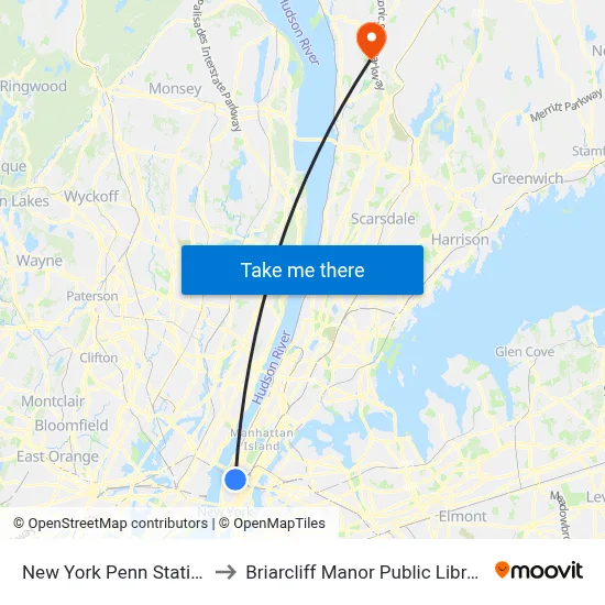 New York Penn Station to Briarcliff Manor Public Library map