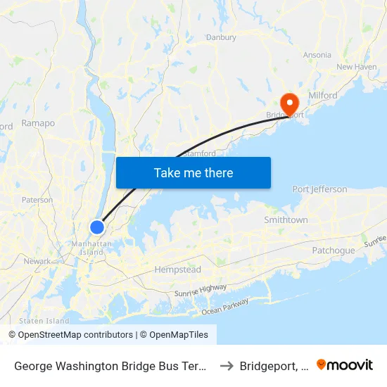 George Washington Bridge Bus Terminal to Bridgeport, CT map