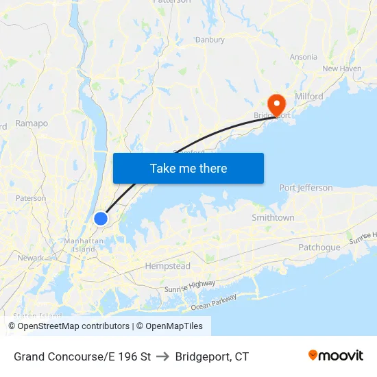 Grand Concourse/E 196 St to Bridgeport, CT map