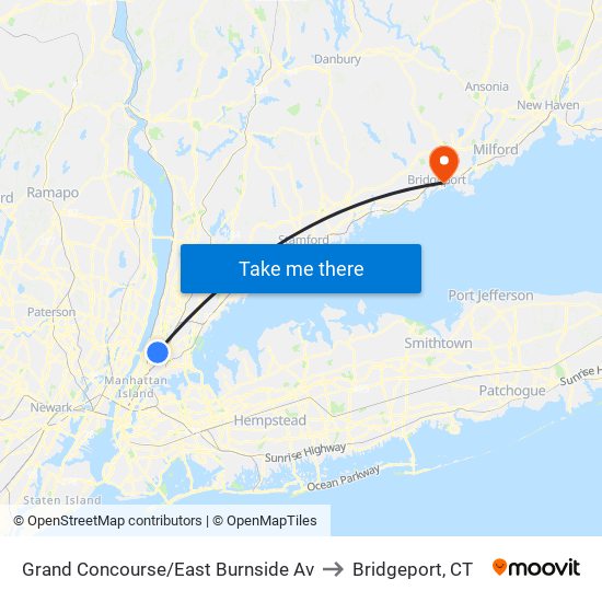 Grand Concourse/East Burnside Av to Bridgeport, CT map