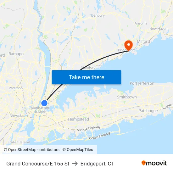 Grand Concourse/E 165 St to Bridgeport, CT map