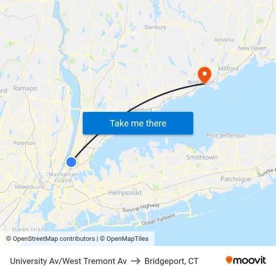 University Av/West Tremont Av to Bridgeport, CT map