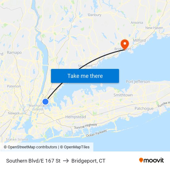 Southern Blvd/E 167 St to Bridgeport, CT map