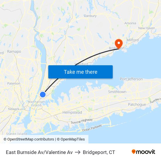 East Burnside Av/Valentine Av to Bridgeport, CT map