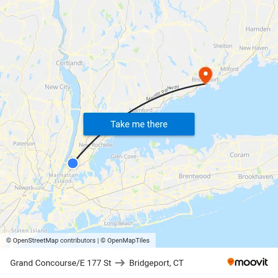Grand Concourse/E 177 St to Bridgeport, CT map