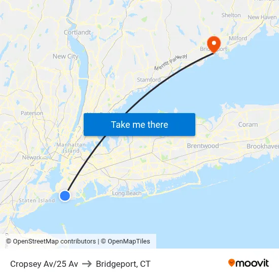 Cropsey Av/25 Av to Bridgeport, CT map