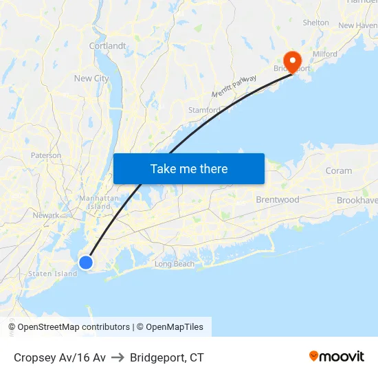 Cropsey Av/16 Av to Bridgeport, CT map