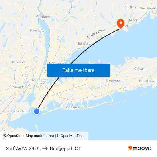 Surf Av/W 29 St to Bridgeport, CT map