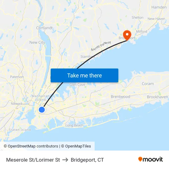 Meserole St/Lorimer St to Bridgeport, CT map