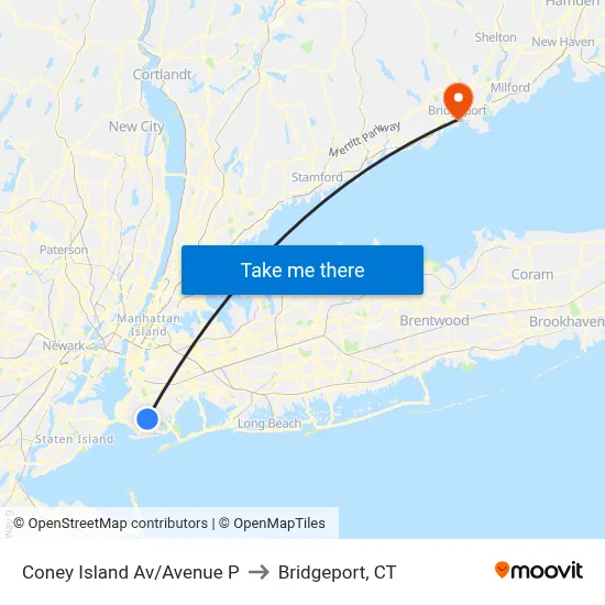 Coney Island Av/Avenue P to Bridgeport, CT map