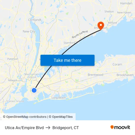 Utica Av/Empire Blvd to Bridgeport, CT map