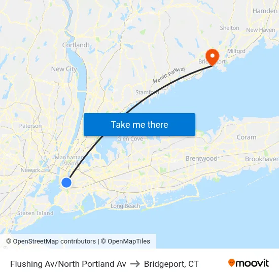 Flushing Av/North Portland Av to Bridgeport, CT map